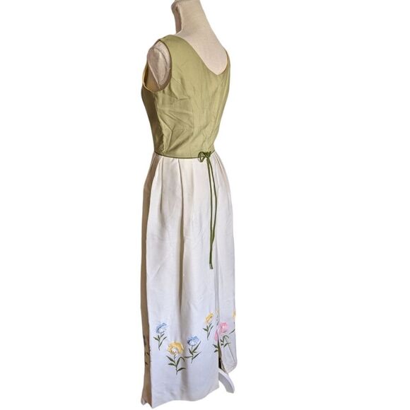 60s Vintage union made green and white dress with embroidered flowers MCM - Picture 5 of 11